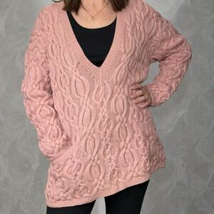 Vtg DKNY 100% Pure New Wool Chunky Cable Knit Sweater Oversized Pink Hong Kong